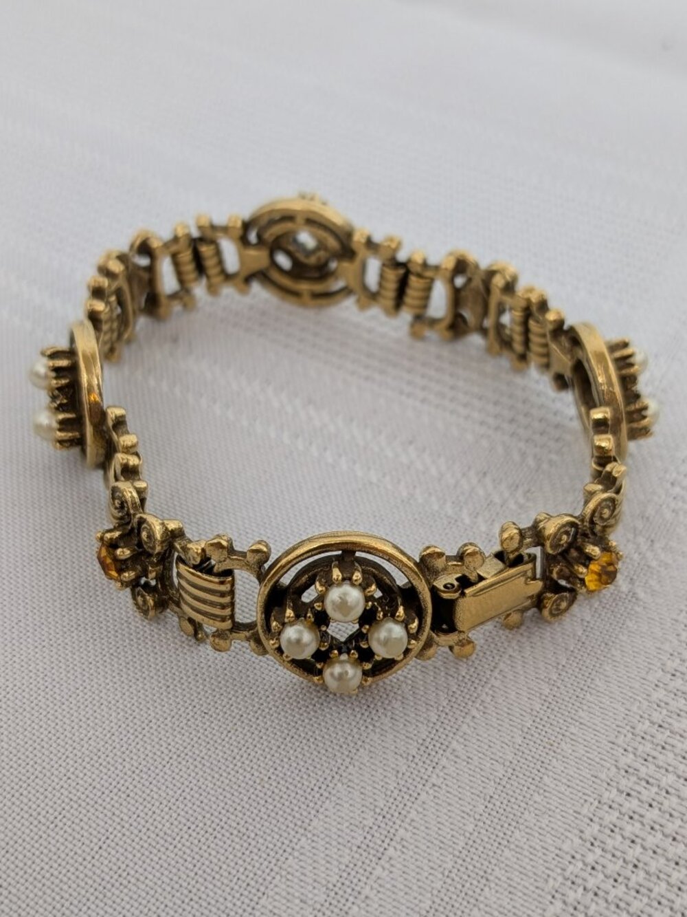 Coro Victorian Revival Gold Plated Faux Pearl and Amber Rhinestone Link Bracelet